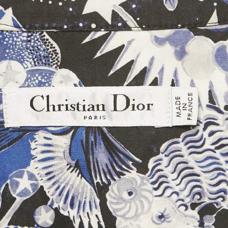 Pre Owned Christian Dior Navy Blue Celestial Print Cotton Belted Midi Dress M