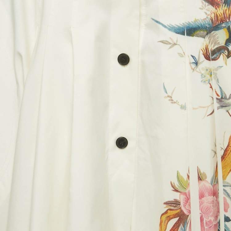 Pre Owned Christian Dior White Printed Cotton & Silk Pleated Midi Skirt M