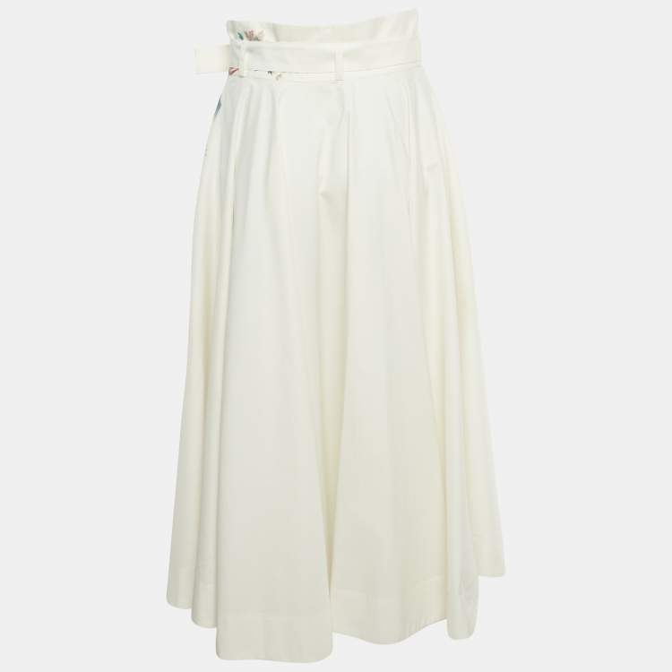 Pre Owned Christian Dior White Printed Cotton & Silk Pleated Midi Skirt M