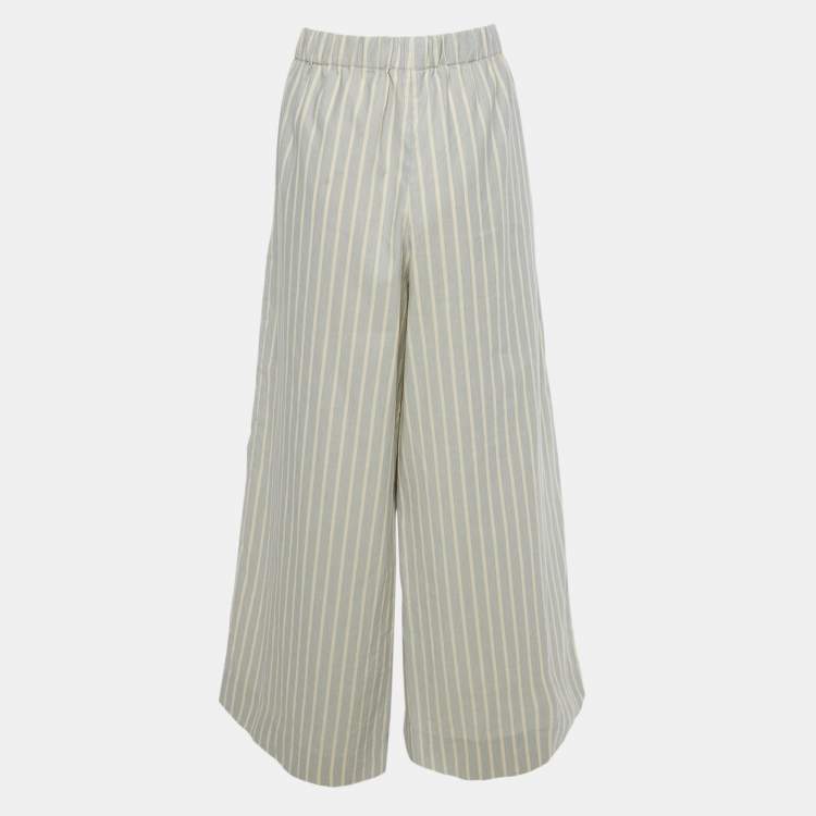 Pre Owned Christian Dior Grey Striped Cotton Wide-Leg Trousers L