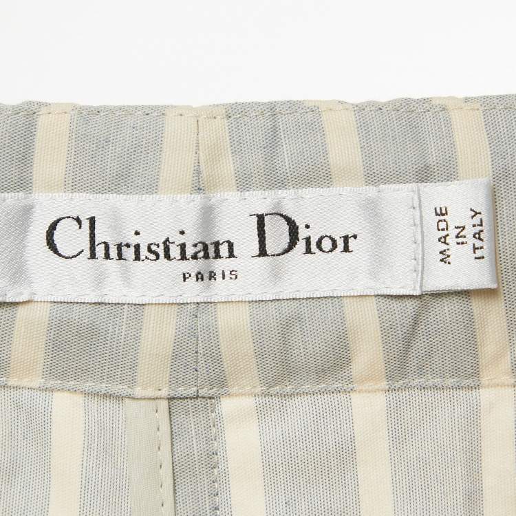 Pre Owned Christian Dior Grey Striped Cotton Wide-Leg Trousers L