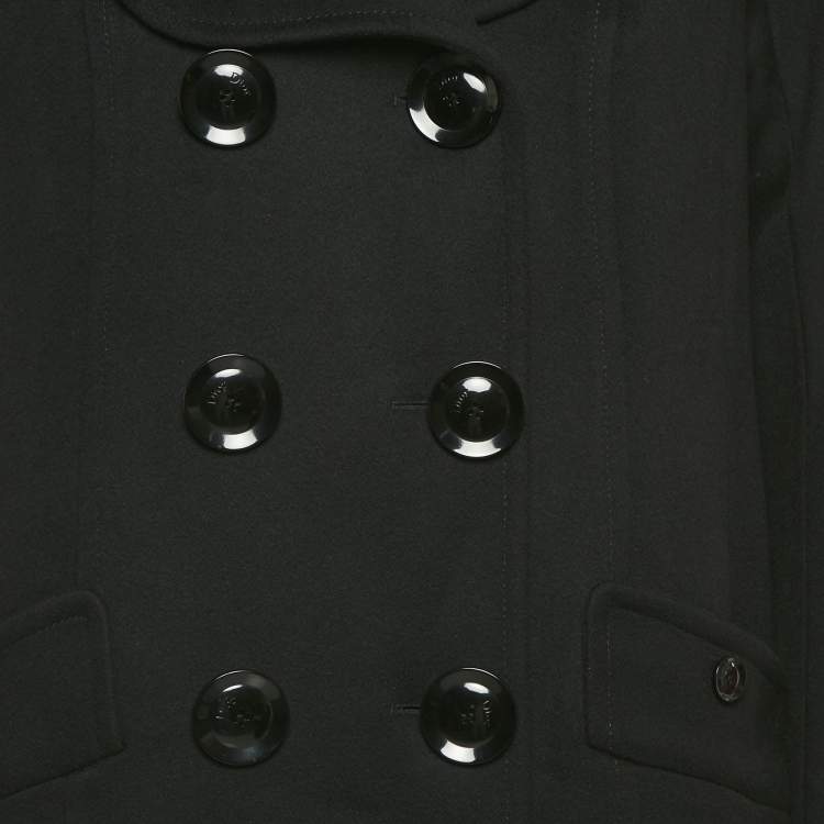 Pre Owned معطف كريستيان ديور صوف مزيج أسود مزدوج الصدر متوسط الطول مقاس كبير (لارج)