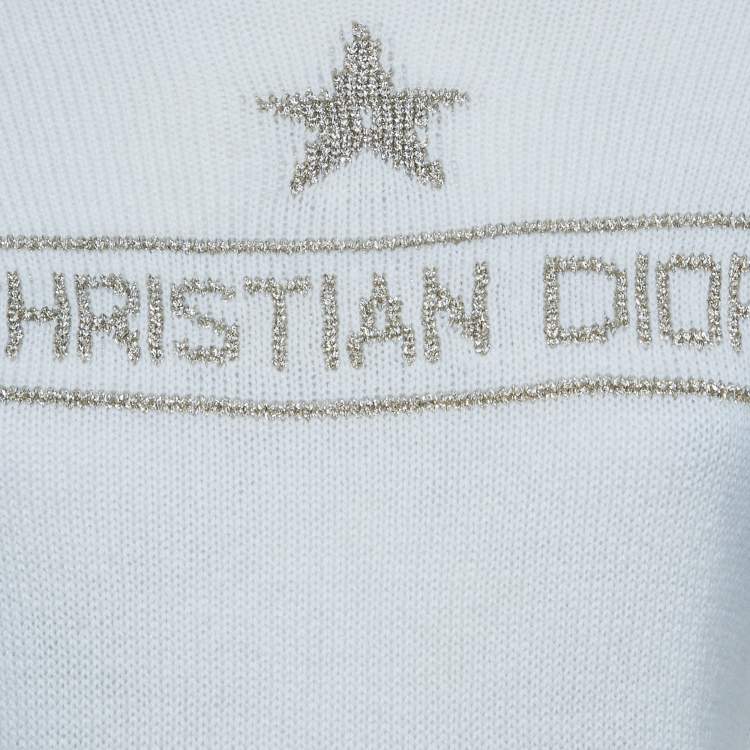 Pre Owned Dior Ivory Lurex Logo Intarsia Knit Sweater S
