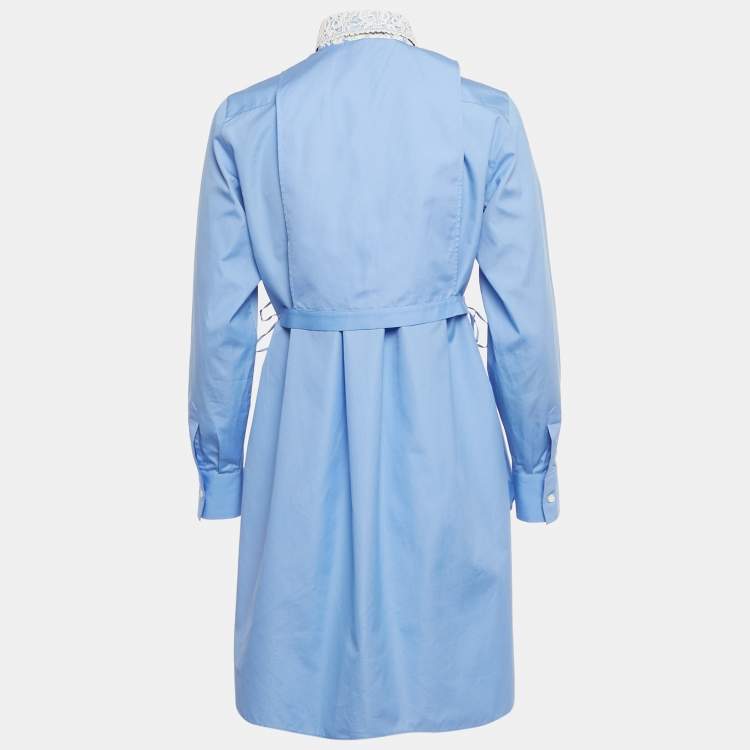 Pre Owned Dior Blue Cotton Lace Plastron Belted Cotton Tunic S