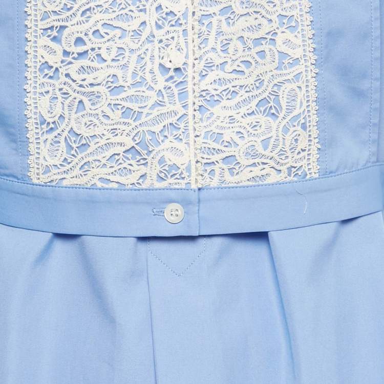 Pre Owned Dior Blue Cotton Lace Plastron Belted Cotton Tunic S