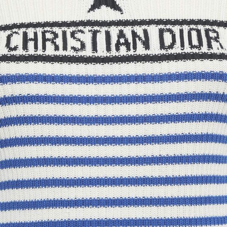 مملوكة مسبقًا Christian Dior Cream / Blue Logo Striped Knit Sweater Top L