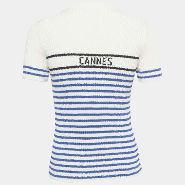 مملوكة مسبقًا Christian Dior Cream / Blue Logo Striped Knit Sweater Top L