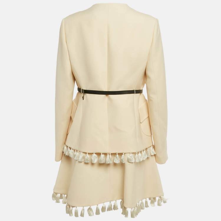 مملوكة مسبقًا Dior Ecru Wool Blend Tassel Detail Jacket & Dress Set L