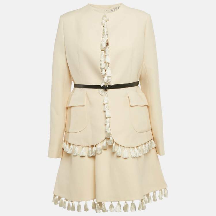 مملوكة مسبقًا Dior Ecru Wool Blend Tassel Detail Jacket & Dress Set L