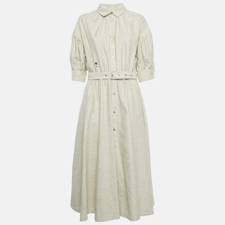 مملوكة مسبقًا Dior Beige /Gold CD Embroidered Cotton Blend Midi Dress M  