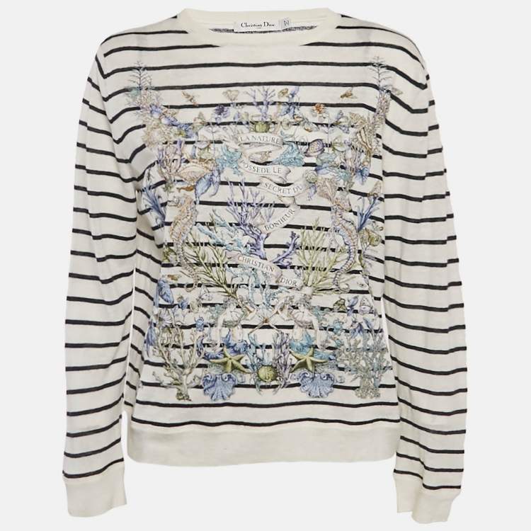 Pre Owned Christian Dior White Striped Linen & Cashmere Knit Sweater M