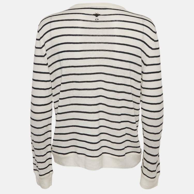 Pre Owned Christian Dior White Striped Linen & Cashmere Knit Sweater M