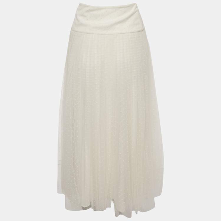 Pre Owned Christian Dior White Plumetis Tulle Midi Skirt M