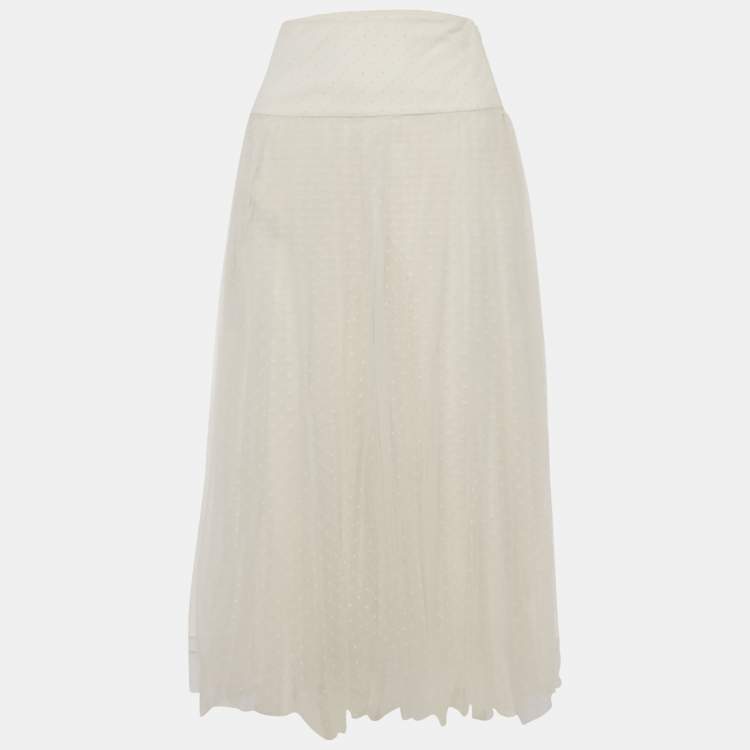Pre Owned Christian Dior White Plumetis Tulle Midi Skirt M