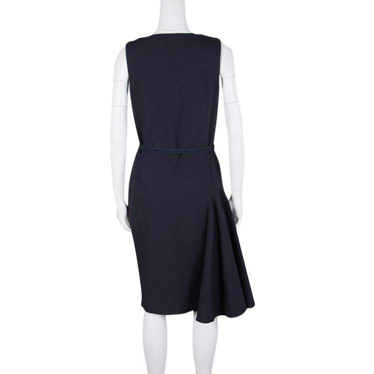 Pre Owned Dior Navy Blue Textured Sleeveless Belted Dress M