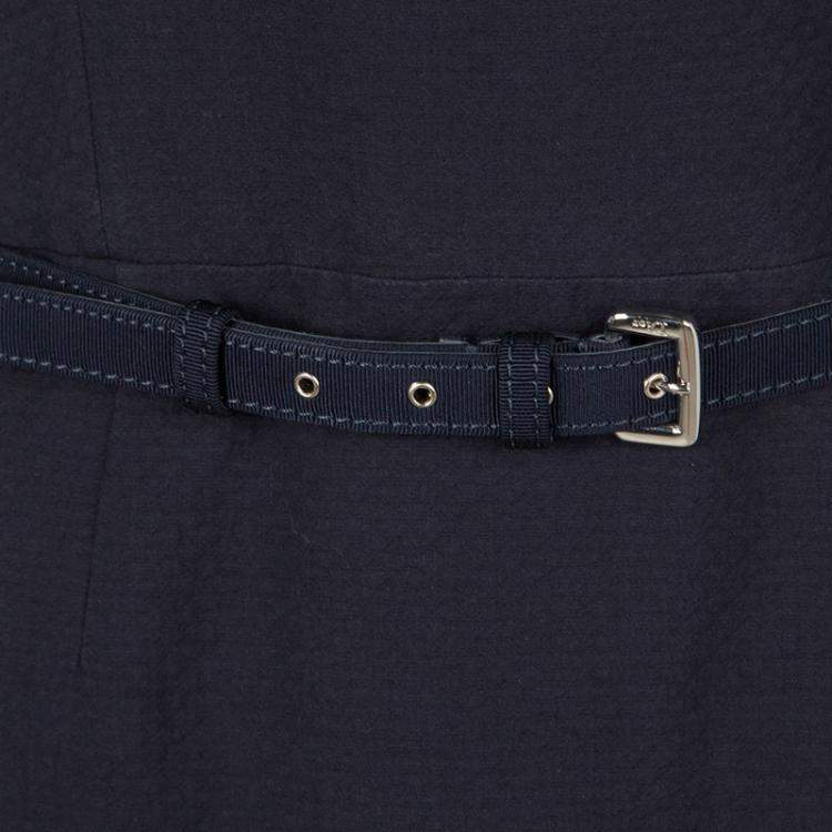 Pre Owned Dior Navy Blue Textured Sleeveless Belted Dress M