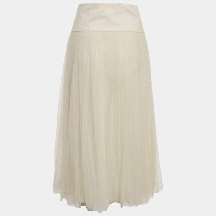 Pre Owned Christian Dior Off-White Tulle Pleated Midi Skirt S