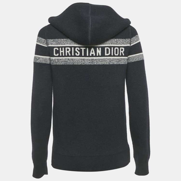 Pre Owned Christion Dior Navy Blue Wool Knit Oblique Reversible Zipped Cardigan S