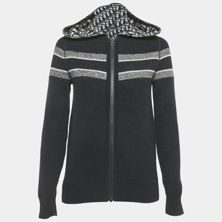 Pre Owned Christion Dior Navy Blue Wool Knit Oblique Reversible Zipped Cardigan S