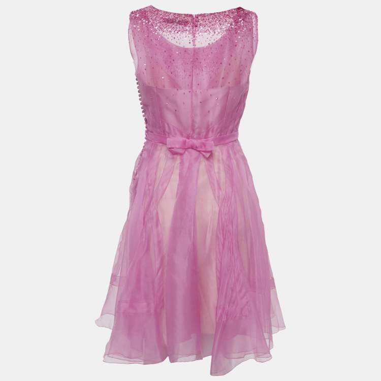 Pre Owned Christian Dior Pink Organza Flared Mini Dress S