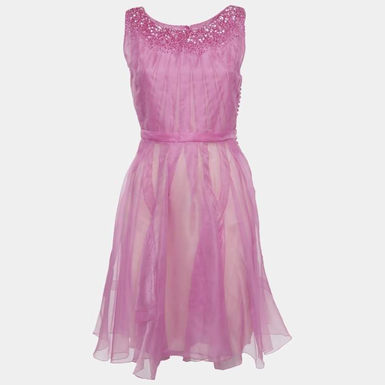 Pre Owned Christian Dior Pink Organza Flared Mini Dress S