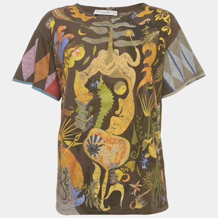 Pre Owned Christian Dior Brown Graphic Printed Jersey Short Sleeve T-Shirt S