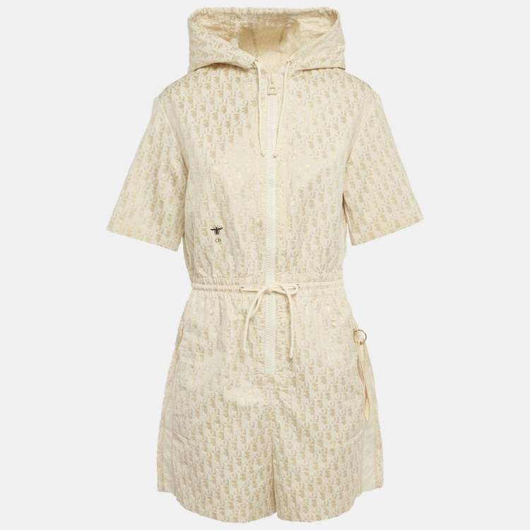 Pre Owned Christian Dior Off White/Gold Oblique Jacquard Hooded Playsuit L