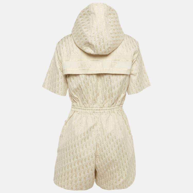 Pre Owned Christian Dior Off White/Gold Oblique Jacquard Hooded Playsuit L