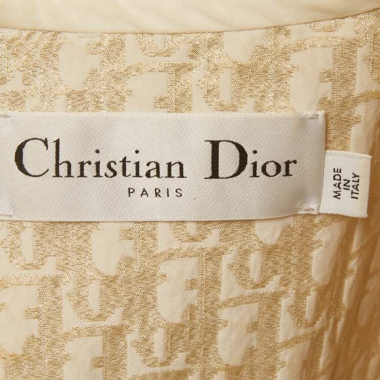 Pre Owned Christian Dior Off White/Gold Oblique Jacquard Hooded Playsuit L