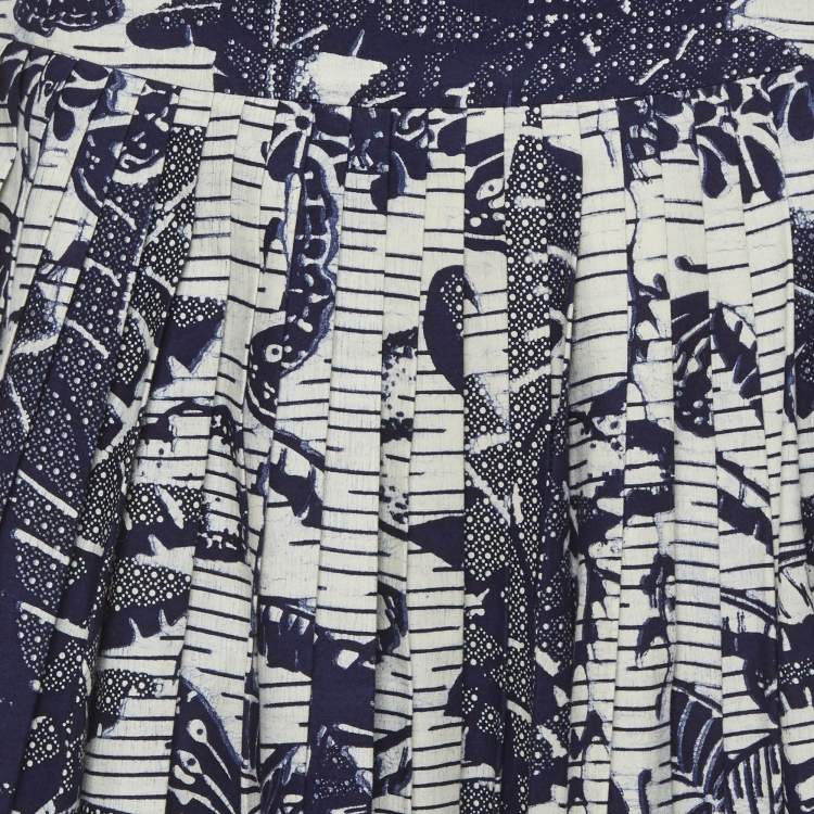 Pre Owned Christian Dior White/Blue Toile de Jouy Print Cotton Pleated Midi Skirt S
