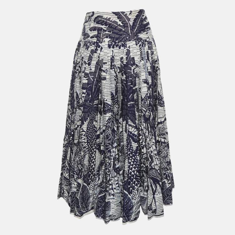 Pre Owned Christian Dior White/Blue Toile de Jouy Print Cotton Pleated Midi Skirt S