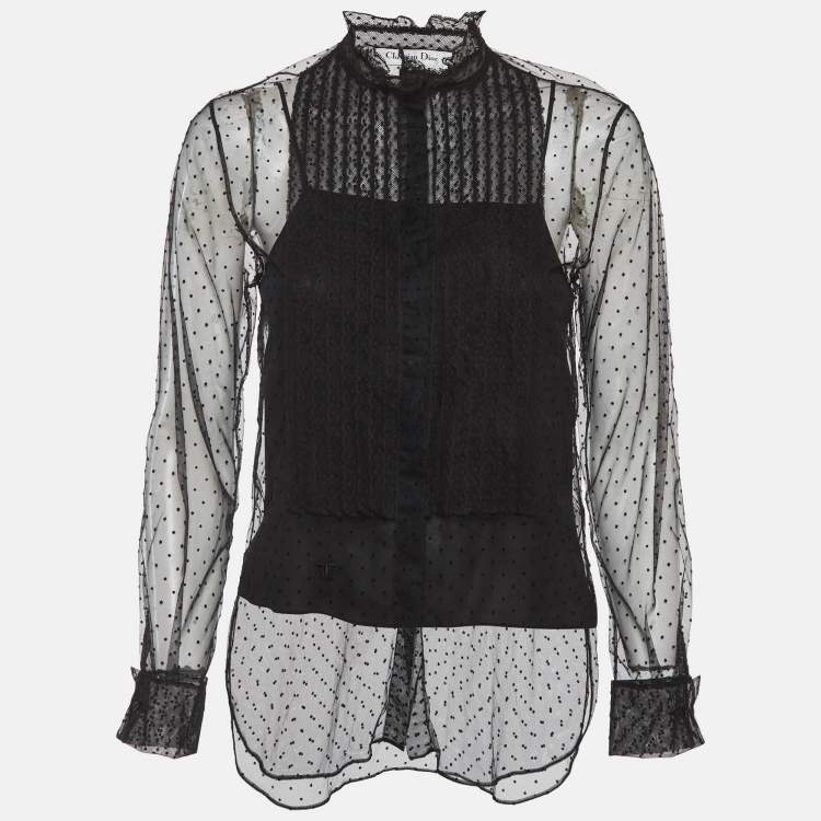 Pre Owned Christian Dior Black Plumetis Tulle Sheer Blouse S