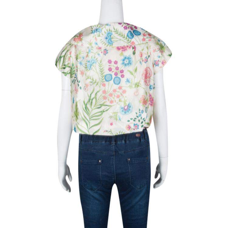 Pre Owned Dior Cream Floral Printed Cropped Short Sleeve Jacket M