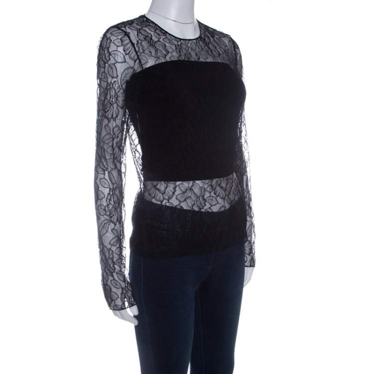 Pre Owned Dior Black Floral Lace Long Sleeve Top M