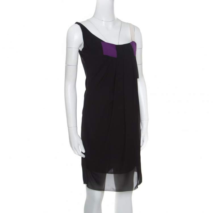 Pre Owned Dior Black Colorblock Silk Draped Front Sleevless Dress M