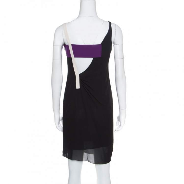 Pre Owned Dior Black Colorblock Silk Draped Front Sleevless Dress M