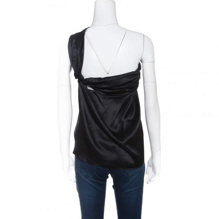 Pre Owned Dior Black Silk Satin Draped One Shoulder Top M