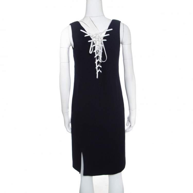 Pre Owned Dior Navy Blue Ribbed Wool Lace Tie Up Detail Sleeveless Dress L