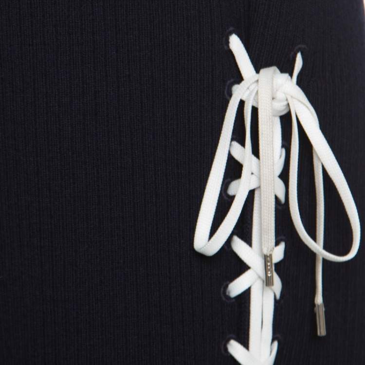 Pre Owned Dior Navy Blue Ribbed Wool Lace Tie Up Detail Sleeveless Dress L