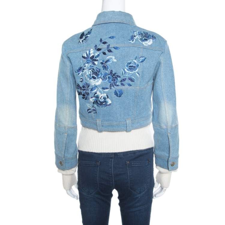 Pre Owned Dior Indigo Faded Effect Floral Embroidered Faux Layered Denim Jacket M