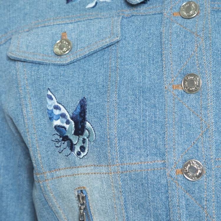 Pre Owned Dior Indigo Faded Effect Floral Embroidered Faux Layered Denim Jacket M