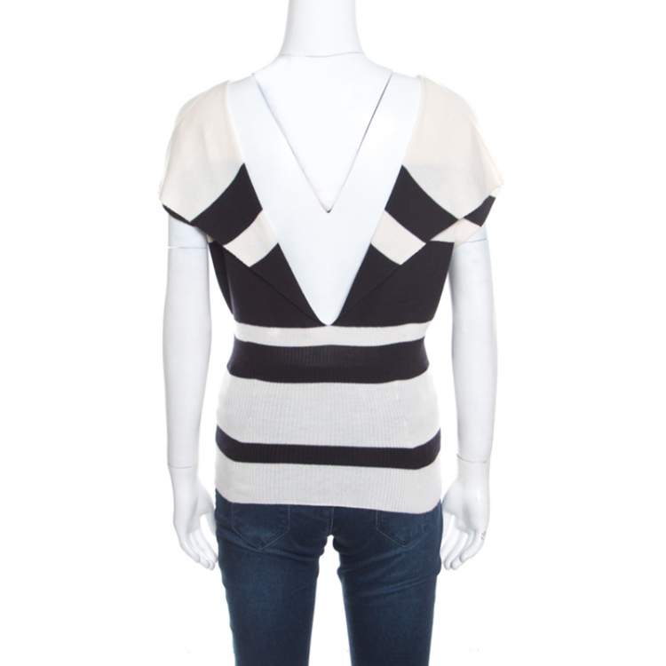 Pre Owned Christian Dior Monochrome Striped Slit Back Detail Tapered Waist Sweater Top M