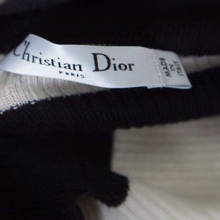 Pre Owned Christian Dior Monochrome Striped Slit Back Detail Tapered Waist Sweater Top M