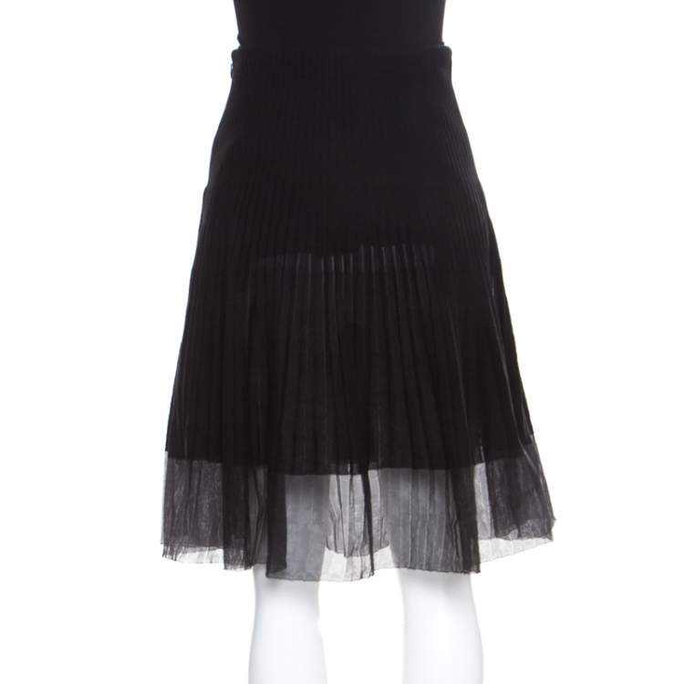 Pre Owned Dior Black Cotton Pleated Sheer Hem Detail Flared Midi Skirt M