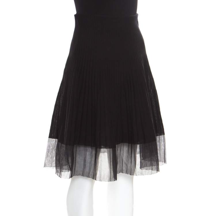 Pre Owned Dior Black Cotton Pleated Sheer Hem Detail Flared Midi Skirt M