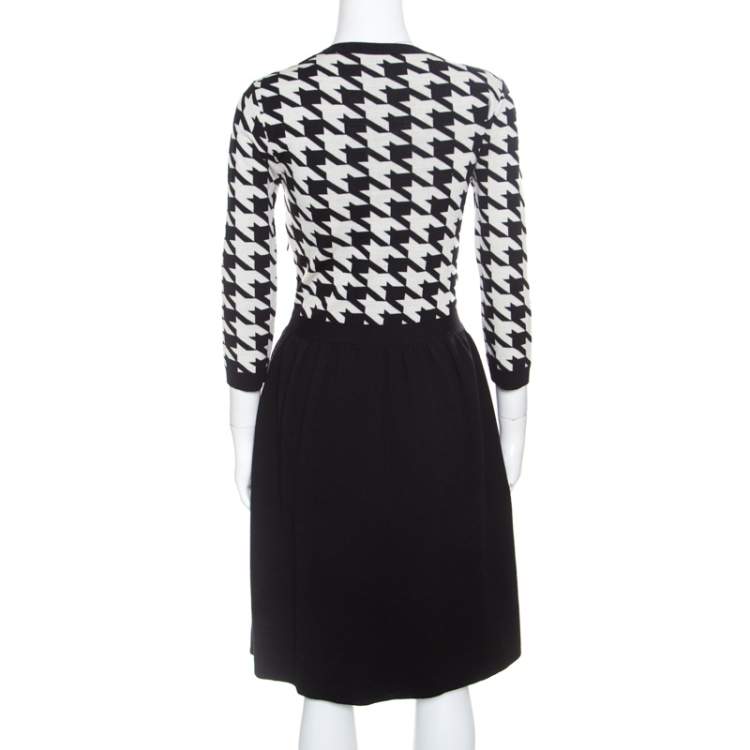 Pre Owned Dior Monochrome Houndstooth Paneled Wool Dress S