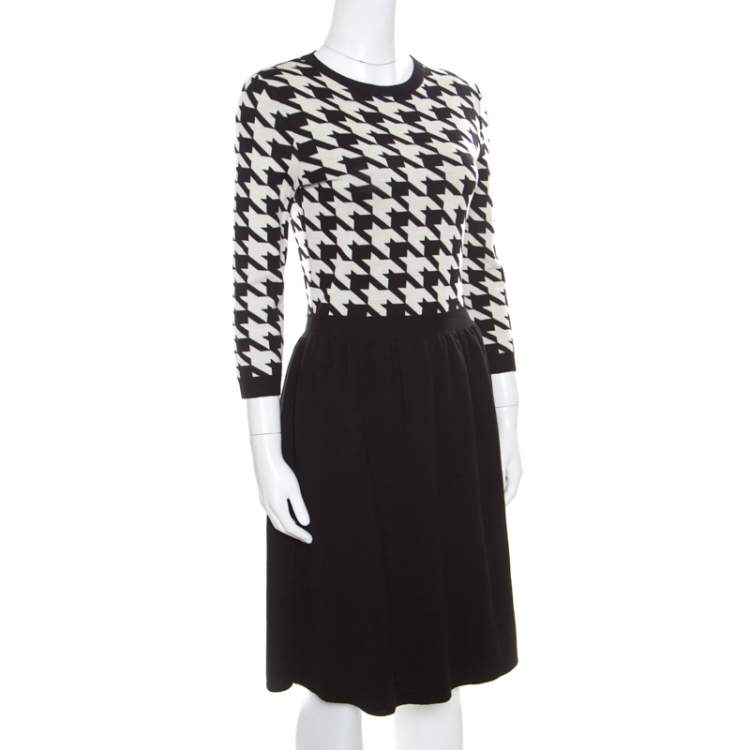Pre Owned Dior Monochrome Houndstooth Paneled Wool Dress S