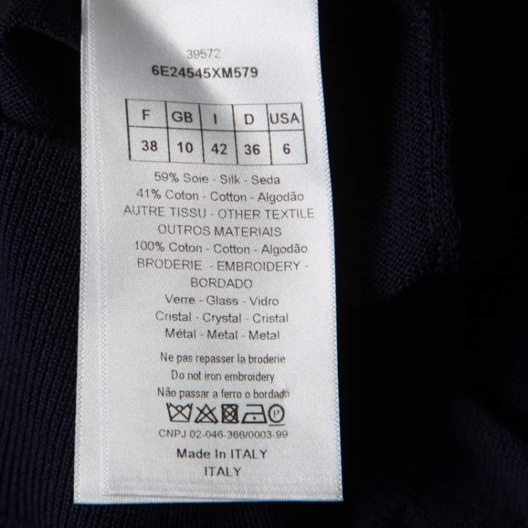 Pre Owned Christian Dior Navy Blue Cotton Silk Crystal Embellished Collar Sweater Top M