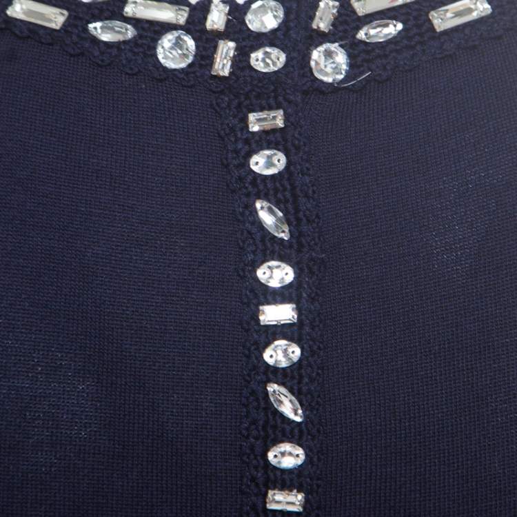 Pre Owned Christian Dior Navy Blue Cotton Silk Crystal Embellished Collar Sweater Top M