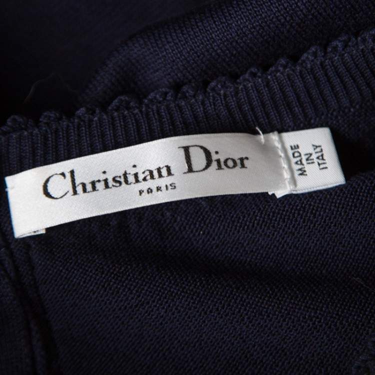 Pre Owned Christian Dior Navy Blue Cotton Silk Crystal Embellished Collar Sweater Top M